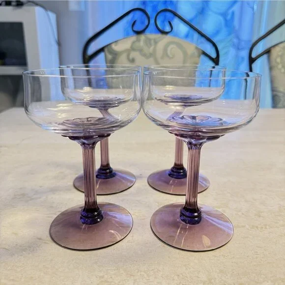 Set Of 4 Vtg. Fostoria Corsage Plum Purple Flower Stem Crystal Champagne Glasses